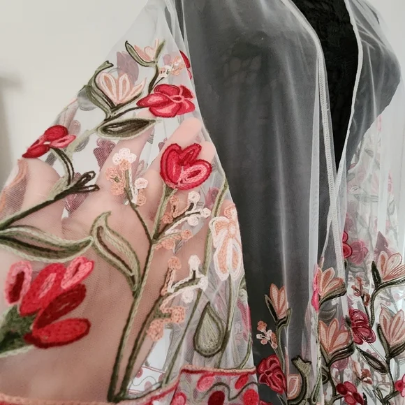 Sheer Floral Embroidered Mesh Kimono White (22/24W) - Picture 4 of 6